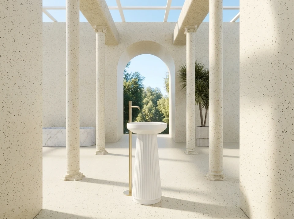 Photographie en plan serré d'une collection de matériaux premium d'agencement intérieur disposés harmonieusement : plusieurs échantillons de carrelage haut de gamme aux finitions variées (marbre, terrazzo, aspect béton ciré), des nuances de revêtements de sol en stratifié ou vinyle premium, et un élément de mobilier design en gros plan (détail d'une façade de salle de bains ou d'une poignée de meuble). Les matériaux doivent présenter des textures raffinées, des couleurs subtiles et des finitions prestigieuses. La composition doit transmettre l'exclusivité, l'excellence et le caractère haut de gamme. Éclairage professionnel mettant en valeur les détails et les finitions. Prise de vue légèrement en contre-plongée pour renforcer le prestige.